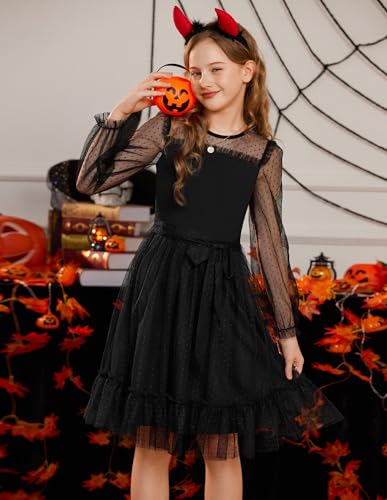 GRACE KARIN Girls Contrast Mesh Dress Long Sleeve Formal Party Birthday High Waist A-Line Tulle Dresses for 6-12 Years2