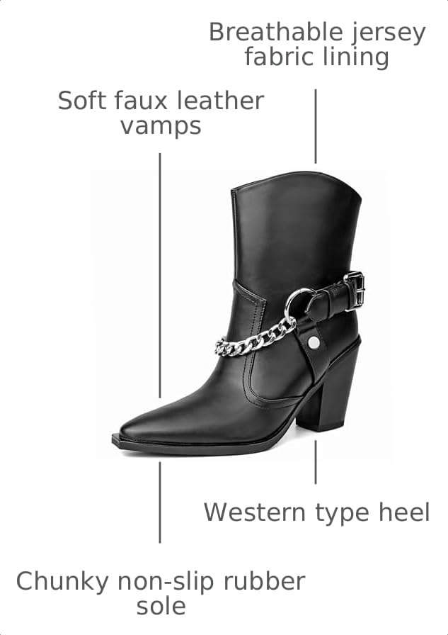 Image of Women's Chain Detail Western Ankle Boots Pointed Toe Block Heel