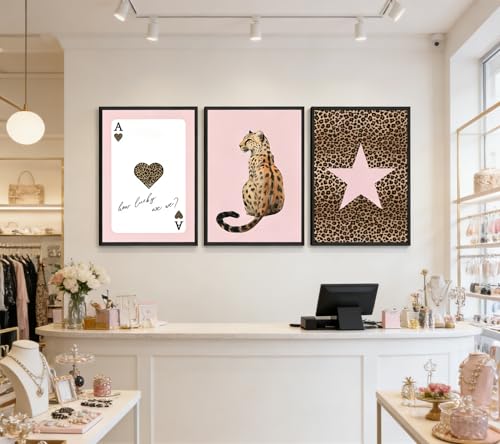 Pink Leopard Wall Art Set of 3, Trendy Ace of Hearts Cheetah Star Canvas Posters Print, Preppy Feminine Wall Decor for Bedroom Dorm Living Room Decoration, 16x24in Unframed by KLXCAJAM - Used condition - Image 3