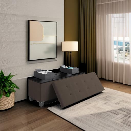 Storage Ottoman Bench with Bins, 43-in Storage Bench for Bedroom End of Bed, Folding Foot Rest Ottoman for Living Room Max 660lbs, Fabric Ottomans, Brown - Image 5