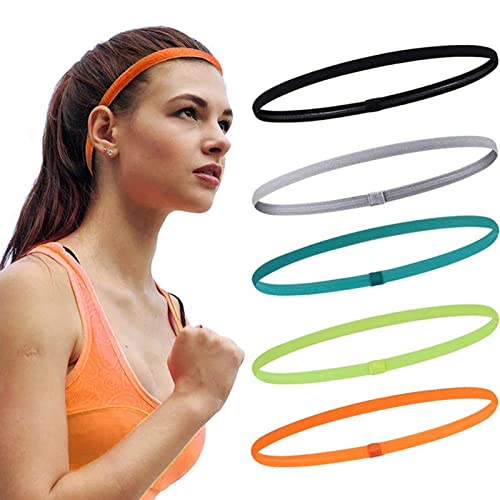 5 Pcs Lightweight Sports Elastic Headband, MH MOIHSING Non-Slip Thin Silicone Sweat Band, Newest Fitness Fashion Color Yoga Head Band Hair Accessories for Men Women Girls Teenagers for Working Out