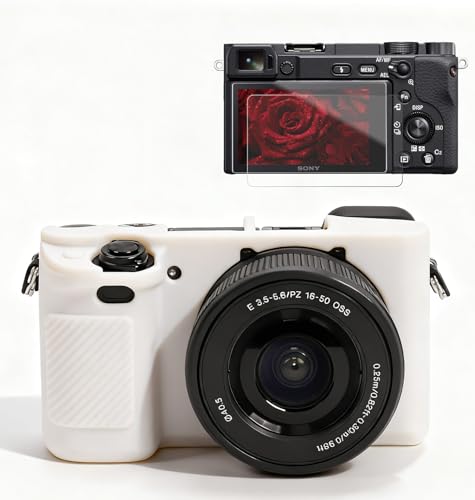 Frevyve Case for Sony Alpha A6400 A6300 Camera Accessories Soft Silicone Protective Case Slim Fit Sleeve with A6400 A6300 Screen Protector Lightweight Anti-Scratch (White)