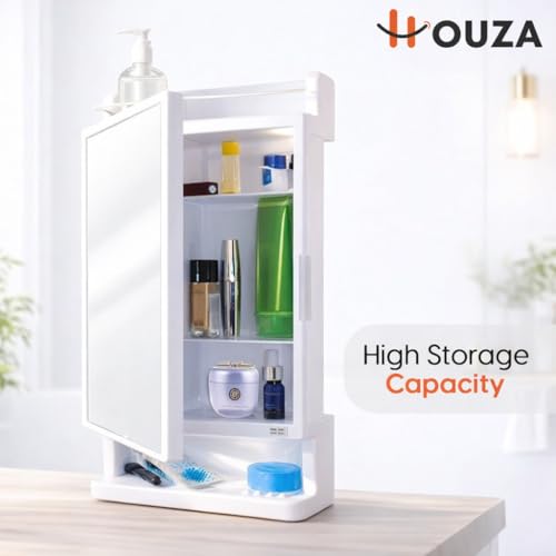 Image of HOUZA Premium Look Plastic Wall Mounted Bathroom Mirror Cabinet with Storage | Waterproof Storage Organizer with Shelves | Bathroom Accessories (White)