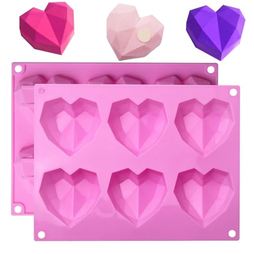 Yharnamite 2 Pcs 3D Diamond Heart Silicone Mold, 6 Cavity Silicone Chocolate Moulds, Non Stick Chocolate Mould Baking Dessert Molds for Chocolate, Pudding, Jelly, Ice Cubes, Soap