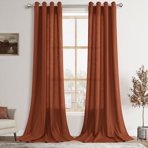 Image of Nanspring Terracotta Linen Curtains 102 Inches Long for Living Room Textured Lightweight Elegant Modern Decor Curtain Drapes Grommet Semitransparent Light Filter Treatments Panel for Bedroom 52X102