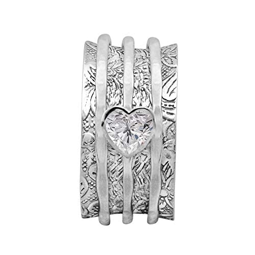 Spinner Ring !! Your Choice Meditation Band, 5 MM Heart Shape White CZ Gemstone Fidget Ring, 925 Sterling Silver Band… (Single Silver Band, J)