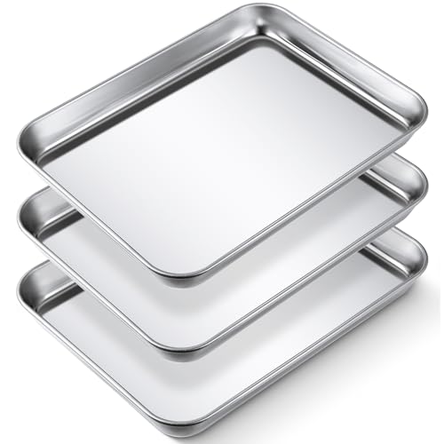 Potchen Baking Sheet Pan Set Cookie Sheet Small Toaster Oven Pans Stainless Steel Tray Barbecue Grill Pan Rectangle Trays Oven, Non-stick, Easy Clean