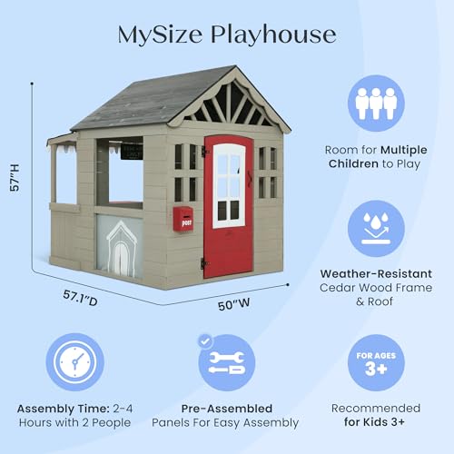 Image of Delta Children MySize Deluxe Outdoor Playhouse with Play Sink with Running Water, Picnic Table & Mailbox - Premium Wooden Cedar Playhouse for Kids, Grey
