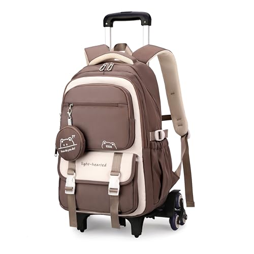 ETAISHOW Rolling Backpack for Girls Kids Backpack with Wheels Elementary School Roller Bookbag Trolley School Bag for Travel Brown