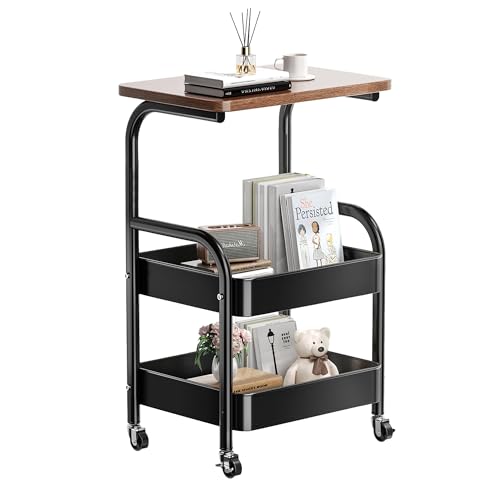 Y YOMA 3 Tier Rolling Utility Cart with Table Top Metal Storage Organizer with Wheels for Small Space Office Kitchen Bathroom Dorm Coffee Station - Black