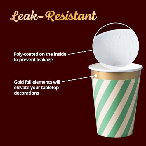 Image of Confettiville Disposable Paper Coffee Cups, Bulk 50-Pack, Christmas Party Supplies Treat Cups, 12 oz Hot and Cold Cups for Restaurants and Parties, Red and Green Diagonal Stripes, Gold Foil