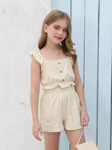 Image of Girl's Summer Clothing Sets Knit Ruffle Striped T-Shirt and Shorts 2 Piece Outfits
