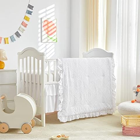 Tufted Ruffle Crib Bedding Set 3 Pieces Baby Boho Quilted Comforter with Fitted Sheet and Bed Skirt - Cute Ruffled Shabby Chic Baby Bedding Soft Blanket Design White Cover