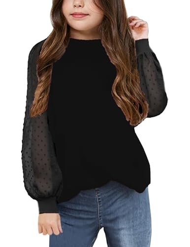 Image of Yekaty Girls Shirts Casual Solid Color Crewneck Blouses Soft Long Sleeve Swiss Dots Chiffon Tops