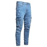 JUNBAOSS Men's Slim Fit Blue Stretch Destroyed Ripped Skinny Denim Jeans Men's Stretch Biker Ripped Jeans with Zipper Straight Fit Denim Pants Fashion Mens Slim Fit Skinny Denim Jeans