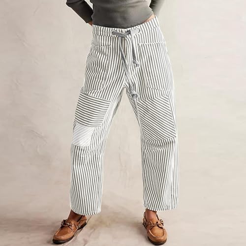 Womens Baggy Barrel Horseshoe Jeans Wide Leg Drawstring Vintage Denim Pants Striped Patchwork Tie Waist Jeans3