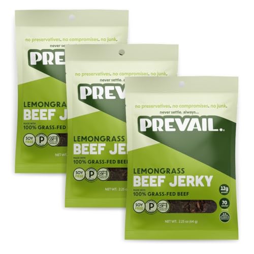 PREVAIL Lemongrass Grass-Fed Beef Jerky | Gluten Free | 100% Grass-Fed | High Protein Snacks | Free of Preservatives | No GMO's | Pack of (3) Bags | 2.25oz