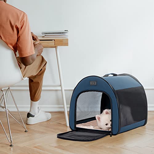 Petsfit Hundebox faltbar, tragbare & Atmungsaktive Hundebox für Zuhause mit Gewölbtem Design, Zimmerkennel Hund Hundeschlafbox mit Anti-Offener Reißverschluss und Plüschkissen,M, Blau