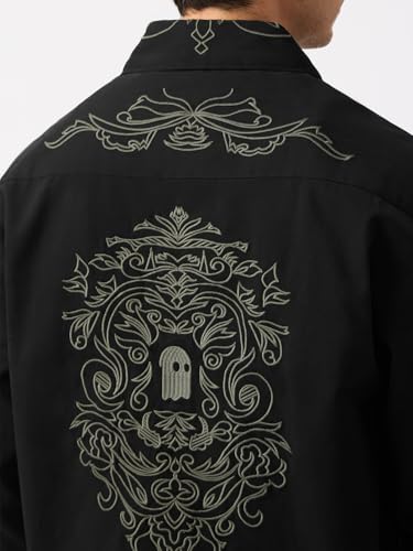 Image of The Souled Store Flow Men and Boys Long Sleeves Spread Collar Black Embroidered Cotton Oversized Fit Casual Lightweight Drop Shoulder Streetwear Trendy Breathable Shackets