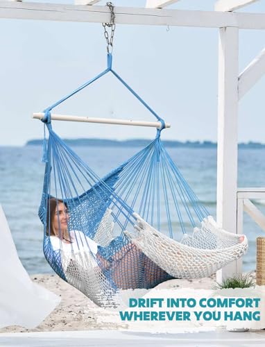 Image of Chihee Handwoven Hammock Chair 7.9ft Detachable Strong Metal Spreader Bar | Stretchy Cotton Blended Rope Large Hanging Chair Ventilated Mesh Swing Seat Color Blocking Portable Carry Bag Indoor Outdoor