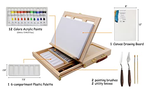 Lucycaz Tabletop Easel Set - Easel For Painting Canvases, Painting Easel Kits For Kids And Adults With Wood Canvas Stand, 12 Colors Acrylic Paints, 2 Brushes, Plastic Palette And Palette Knives #TOP1