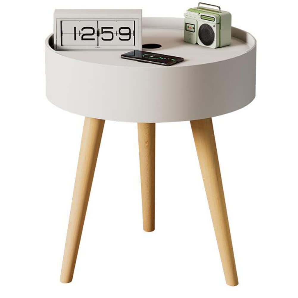 Petite table d'appoint ronde pour gagner de la place avec rangement et pieds en bois