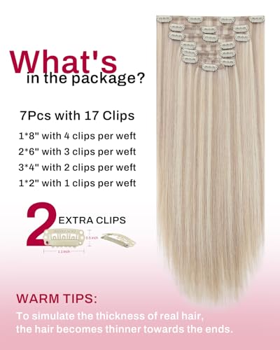 Image of Moresoo Blonde Highlight Clip in Hair Extensions Ash Blonde with Bleach Blond Remy Clip in Human Hair Extensions Straight Double Weft 120g /7pcs 18 inch