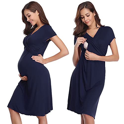 Irdcomps Camisón Lactancia para Mujeres Camisones Embarazada Verano Ropa para Dormir para premamá Maternidad Hospital(Azul Marino,M)