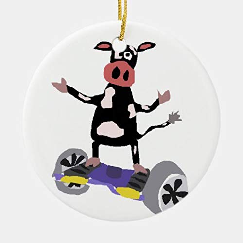 Christmas Tree Hanging Ornaments, Funny Black and White Cow On Hoverboard Ceramic Round Shape Ornament for Holiday Wedding Party