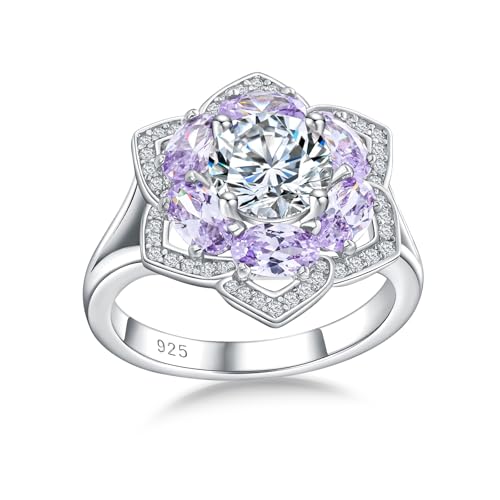AGRULE Lotus Ring Wedding Mothers Gift 4.9 Carat Gemstone Cocktail Ring White Gold Plated Sterling Silver Split Shank CZ and Alexandrite Engagement Rings for Women, Size 6