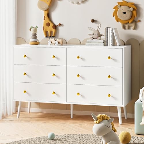 Image of LYNSOM Dresser for Bedroom, 6 Drawer Modern White Dresser with Wide Drawer and Metal Handles, Modern Dressers & Chests of Drawers for Hallway Entryway