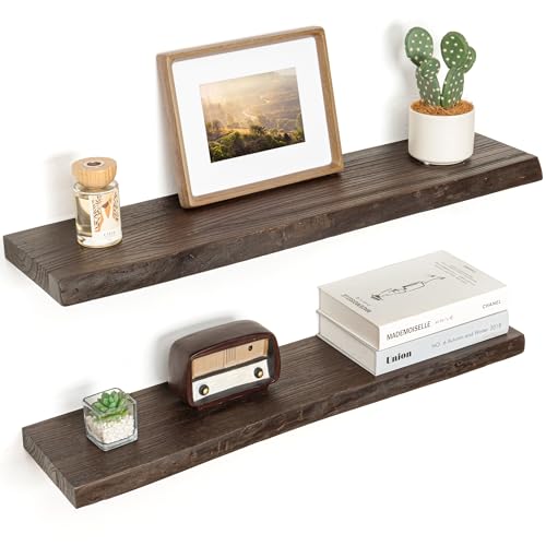Image of Floating Shelves for Wall Decor, Rustic Solid Elm Wood Live Edge Floating Shelves Wall Mounted, Wall Shelves with Invisible Bracket for Living Room Bathroom Bedroom Kitchen, 32 Inch Set of 2, Walnut