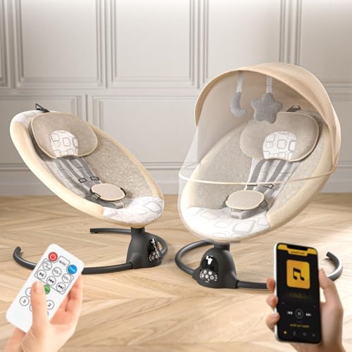 Image of BAYBEE Electric Baby Swing Cradle for New Born Baby | Rocker for Babies with Adjustable Speed & Safety Belt | Automatic Swing Cradle with Mosquito Net, Music & Toys for Infant Boys Girls (Beige)
