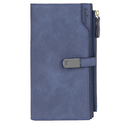 HNOOM Monedero Cuero PU Cartera Grande con Bolsillo Billetera Largo Suave y Cómoda Cartera Tarjetero con 24 Ranuras para Tarjetas (Azul Oscuro-L)