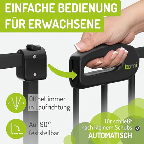Bomi Treppenschutzgitter Merle Flatstep, Breite 95-103 cm | Türschutzgitter ohne Bohren, stabile Kindersicherung für Kind & Hund, TÜV geprüftes Hundegitter, Türgitter, Treppengitter, Metall Schwarz