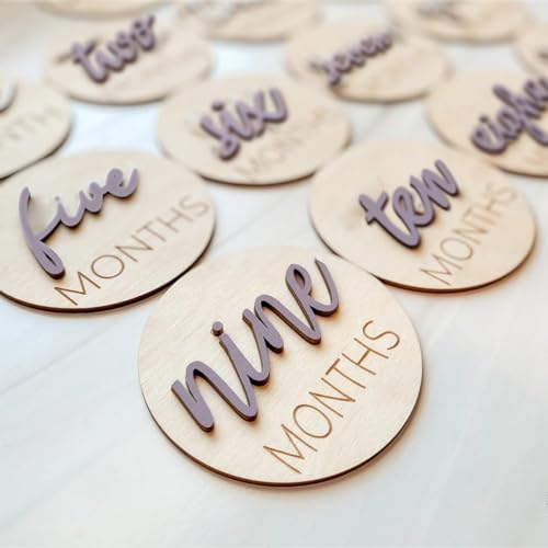 Image of Baby Monthly Milestone Markers Disc, Wooden 3D Baby Milestone Cards for Baby Photos, 6-Pack Baby Announcement Sign,1-12 Months, 4 Inches in Size (Mauve)