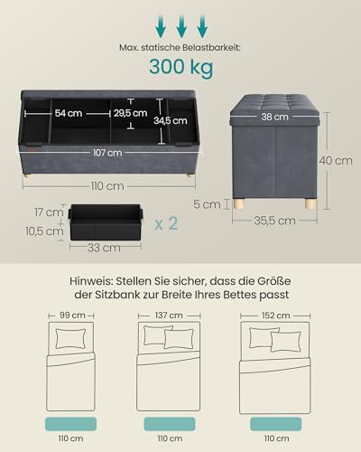 SONGMICS Sitzbank mit Stauraum, Hocker faltbar, 38 x 110 x 40 cm, Aufbewahrungsbox mit Deckel, Fußhocker 112 L, Samt, bis 300 kg belastbar, Flur Wohnzimmer Schlafzimmer, schiefergrau LSF0518G02