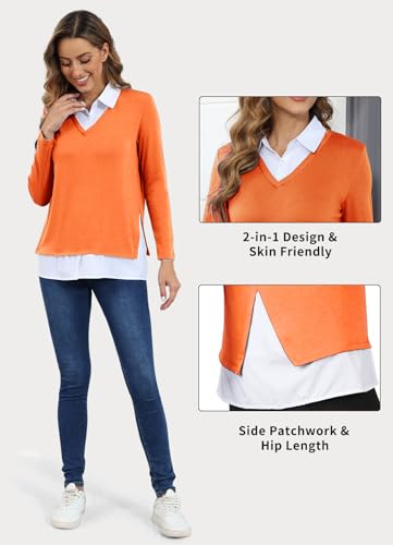 Image of Vldnery Womens Fall Winter Sweater 2025 Trendy Clothes Oversized V Neck Long Sleeve Shirts 2 in 1 Outfit Casual Pullover Tops