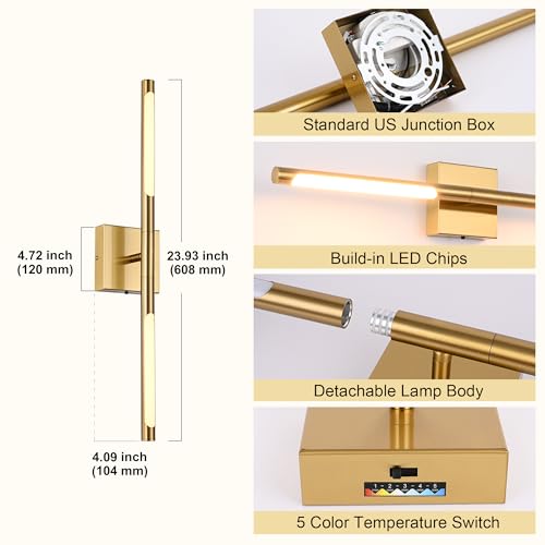 Image of TODOLUZ 24-Inch 5CCT LED Bathroom Vanity Light Fixtures, 12W Brushed Brass Wall Sconce Lighting Over Mirror with Adjustable Lamp Tube, 2700K-5500K
