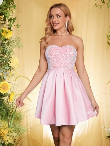 Image of Angel-fashions Women's Strapless Sequin A-Line Sequin Elegant Short Prom Gown Cocktail Dress