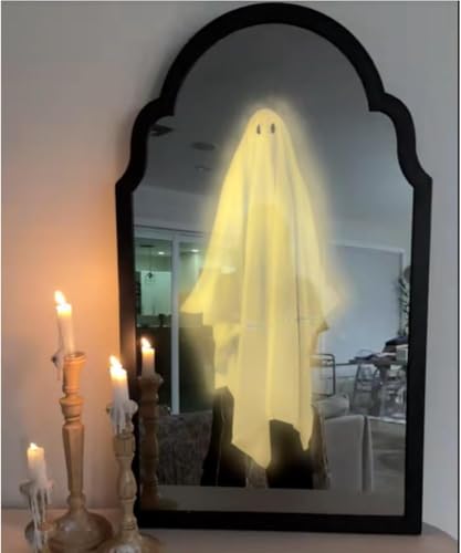 2025 Halloween Hologram Ghost Mirror – LED Spooky Haunted Mirror with Creepy Eyes, Indoor Halloween Wall Decor for Bedroom, Living Room, Fireplace, DIY Haunted House Props (Wavy Border, White Light)