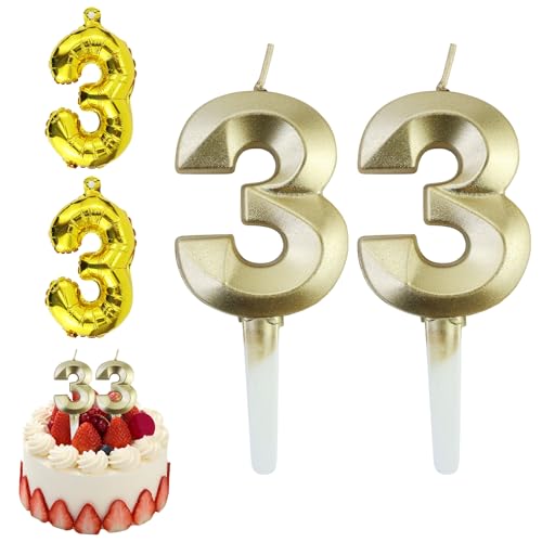 Velas de Cumpleaños 33 Años Dorado, Decoraciones para Hombres y Mujeres, Número 33 3D para Tarta, Topper de Vela Dorado, Suministros para Fiestas, Bodas y Aniversarios, 2 globos dorados número 3