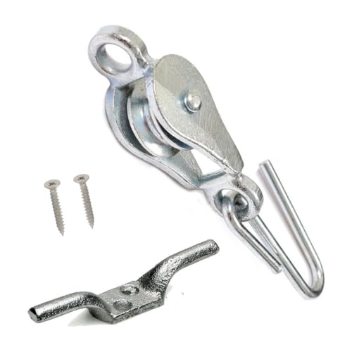 SISI UK Heavy Duty Galvanised Washing Line Pulley & Cleat Hook for Complete washing line set up Pulley Cleat Hook with Fixing Screws