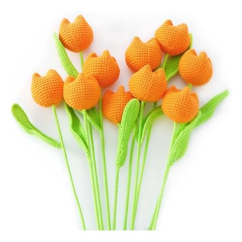 K MASANIJI 10 Pack Handmade Crochet Tulip Flower Bouquet 100% Cotton Vibrant Color New Year Gift for Her Home Decoration(Pumpkin) Cover