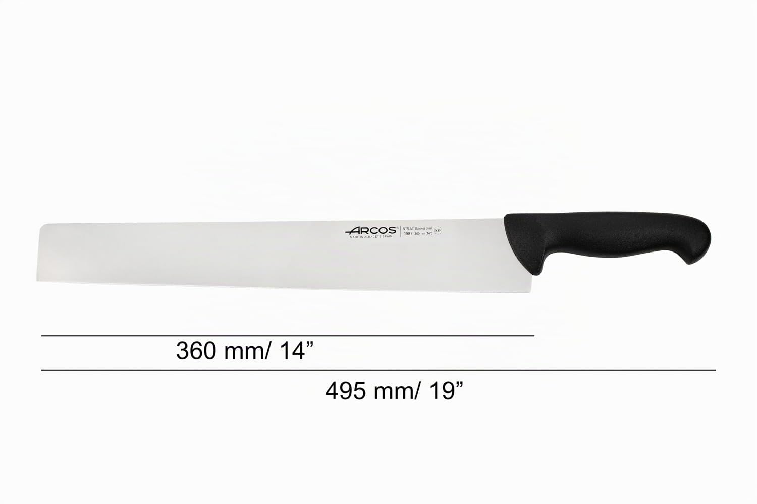 Arcos Couteau Acier Inoxydable NITRUM pour Salami et Fromage, Lame 36 cm, Manche Polypropylène Noir, Série 2900, Coupe Précise et Durable