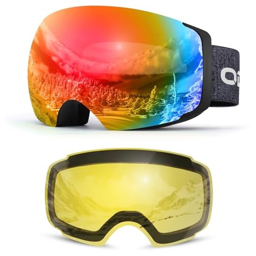 Odoland Magnetic Interchangeable Ski Goggles with 2 Lens, Large Spherical Frameless Snow Goggles for Men & Women, OTG and UV400 Protection - VLT 18% Red +83% Yellow