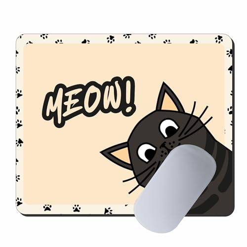 Image of My Print Shop Cute Cat Mouse Pad 9x7.5 - inchMeow! inch Black Cartoon Cat Desk Mat - Non-Slip Rubber Base, Smooth Fabric Surface - Perfect Office PC & Laptop Accessory for Home & Work