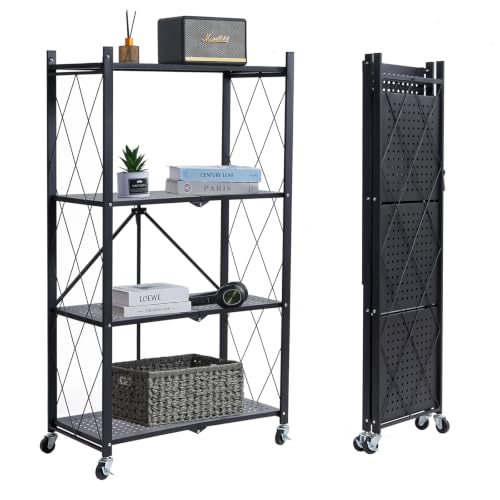 BRIAN & DANY 4-Tier Foldable Storage Shelves with Wheels Folding Metal Rack Shelving Unit Heavy Duty No Assembly Organizer Shelf for Garage Kitchen Basement Pantry Black