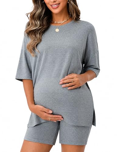 Seamaid Maternity Sets Two Piece Maternity Outfits 2026 Summer Oversized Shirts and Shorts with Pockets Comfy 2 Piece Maternity Lounge Set Grey M