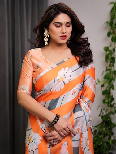 Image of ALMAARI FASHION Satin Georgette Floral Printed Saree with Blouse, 5.5 Meter Saree with 0.8 Meter Blouse, Traditional (SG 103 SH)